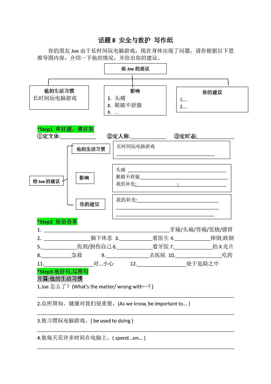 2025中考英语话题写作专题  话题8 安全与救护写作纸练习第1页