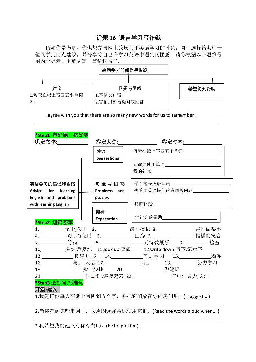 2025中考英语话题写作专题  话题16 语言学习写作纸练习第1页