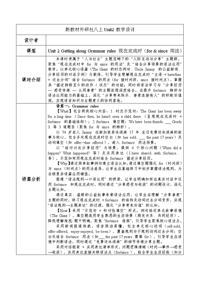 Unit2 Getting along Grammar rules 表格式教学设计外研版八上第1页