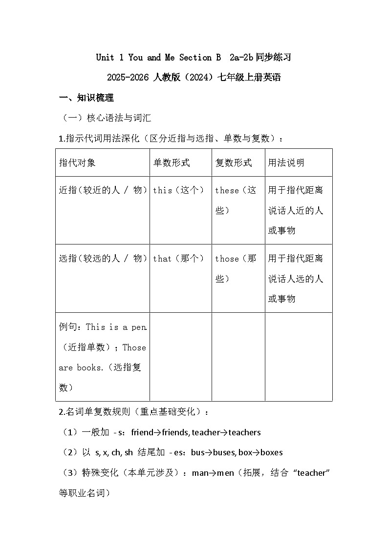 Unit 1 You and Me Section B  2a-2b同步练习2025-2026 人教版（2024）七年级上册英语（有答案）第1页