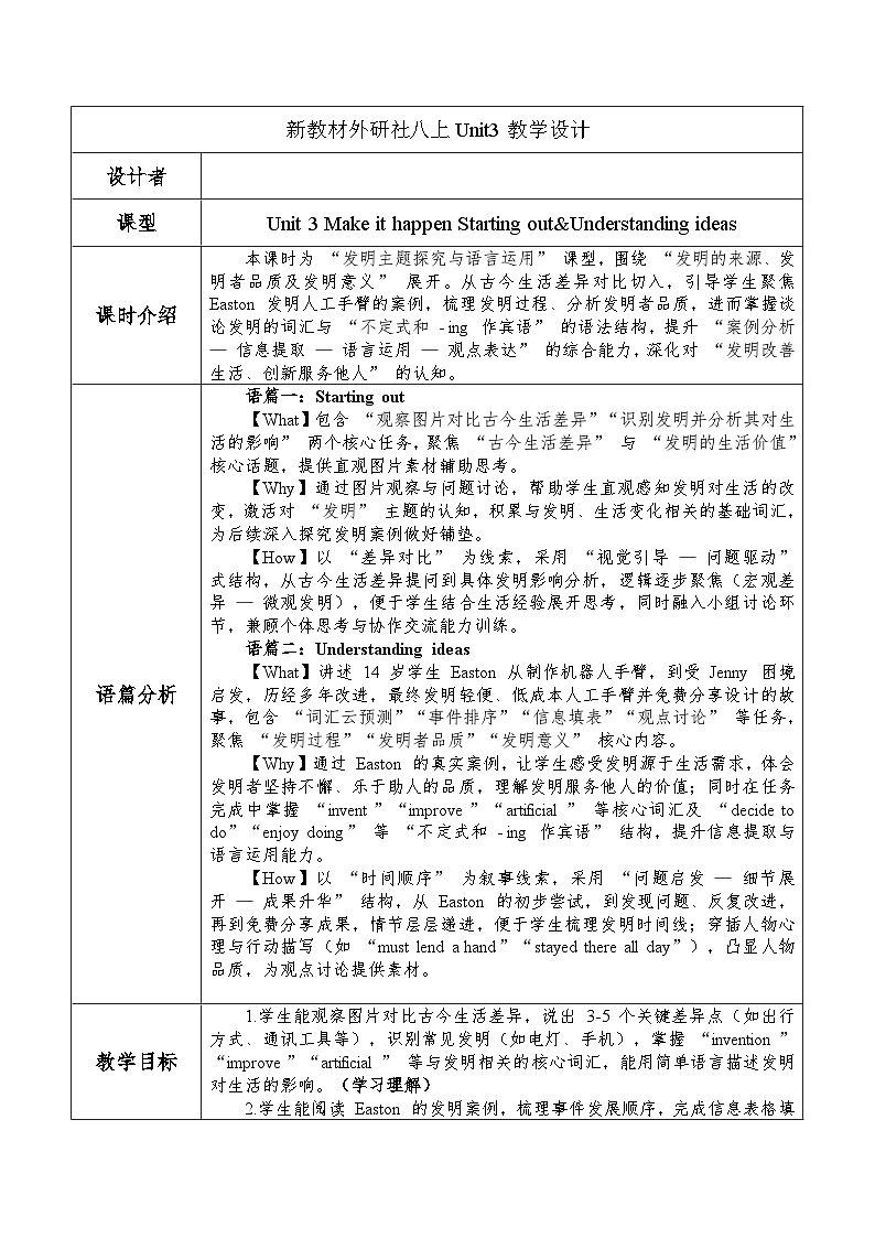 Unit3 Make it happen Starting out&Understanding ideas表格式教学设计-外研版八年级上册第1页