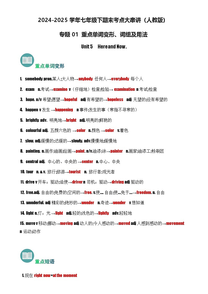 专题01 Unit 5~Unit 8 (重点单词变形、词组、句型）【考点清单】-2024-2025学年七年级英语下学期期末考点大串讲（人教版2024）-A4第1页