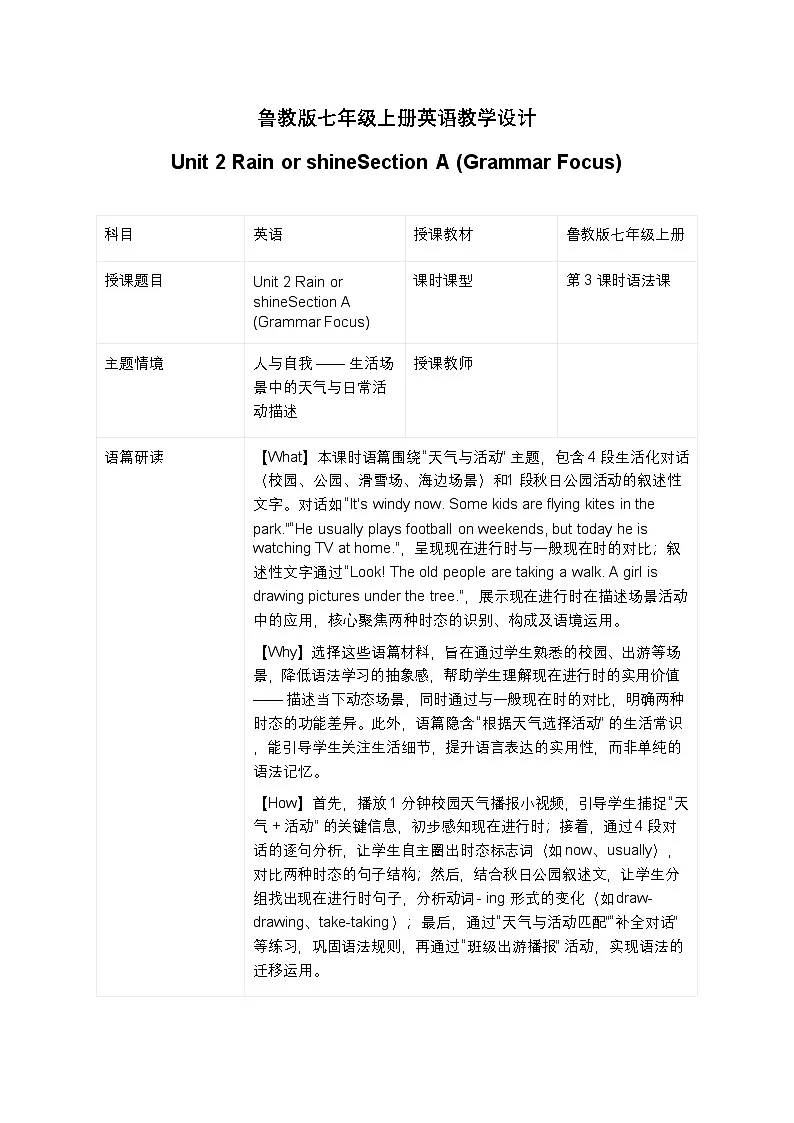 鲁教版七年级上册英语教学设计Unit 2 Rain or shineSection A (Grammar Focus)第1页