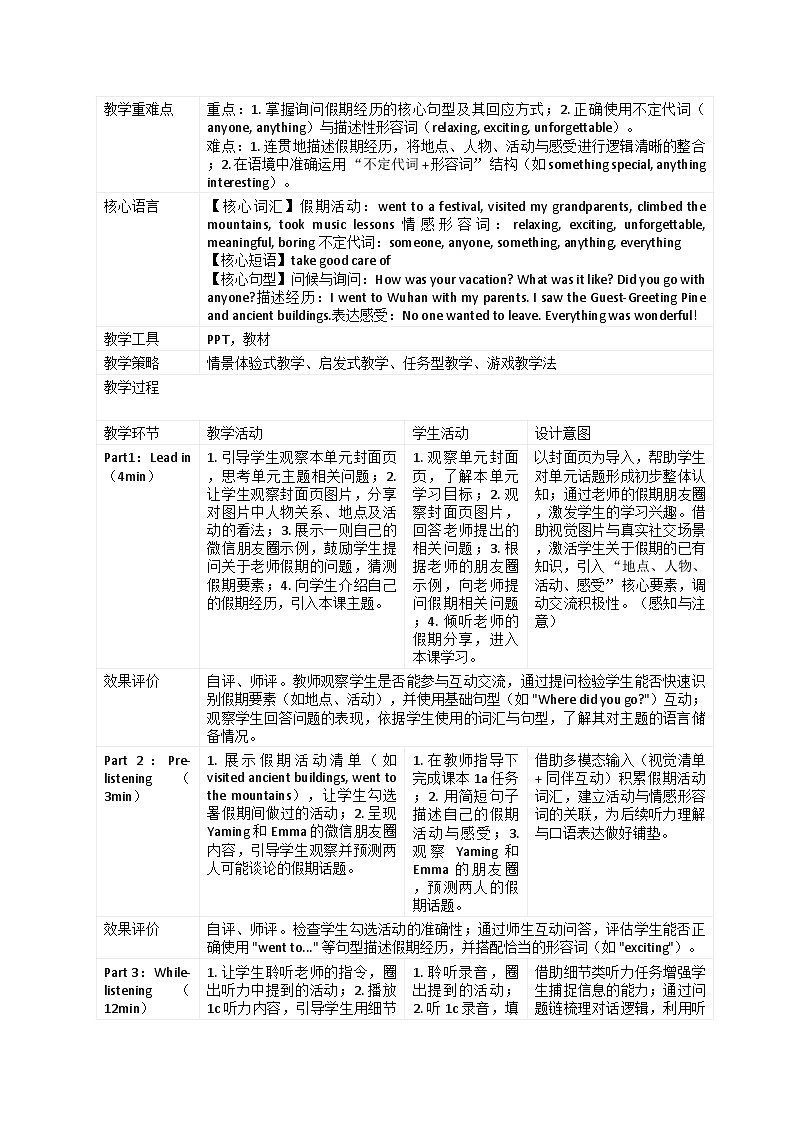 《八年级英语人教版 2024 上册 Unit1 课时 1 教学设计》（表格式）第2页
