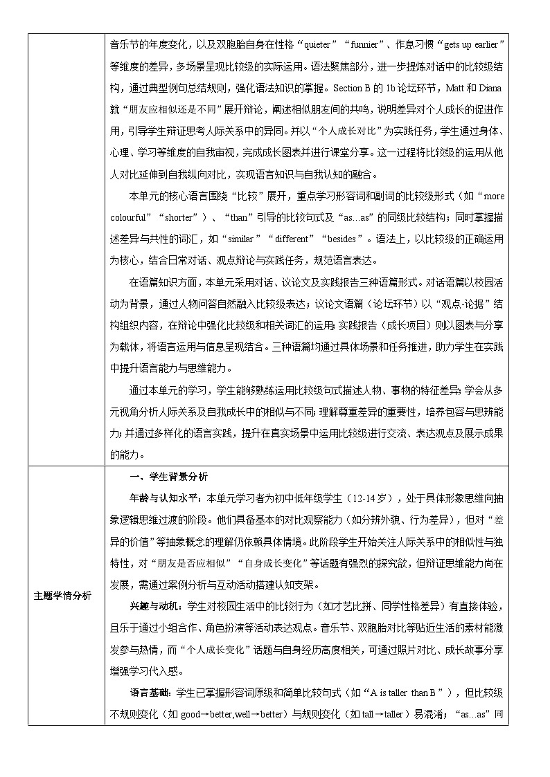2024版人教版八年级上册英语Unit 3 Same or Different 大单元教学设计（表格式）第2页