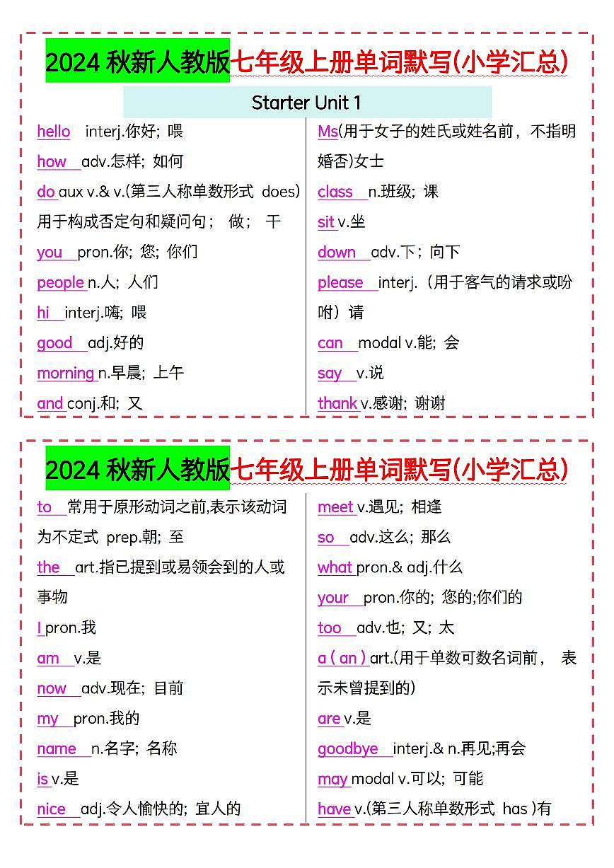2024秋新人教版七年级上册单词默写(小学汇总)练习（PDF版）第1页