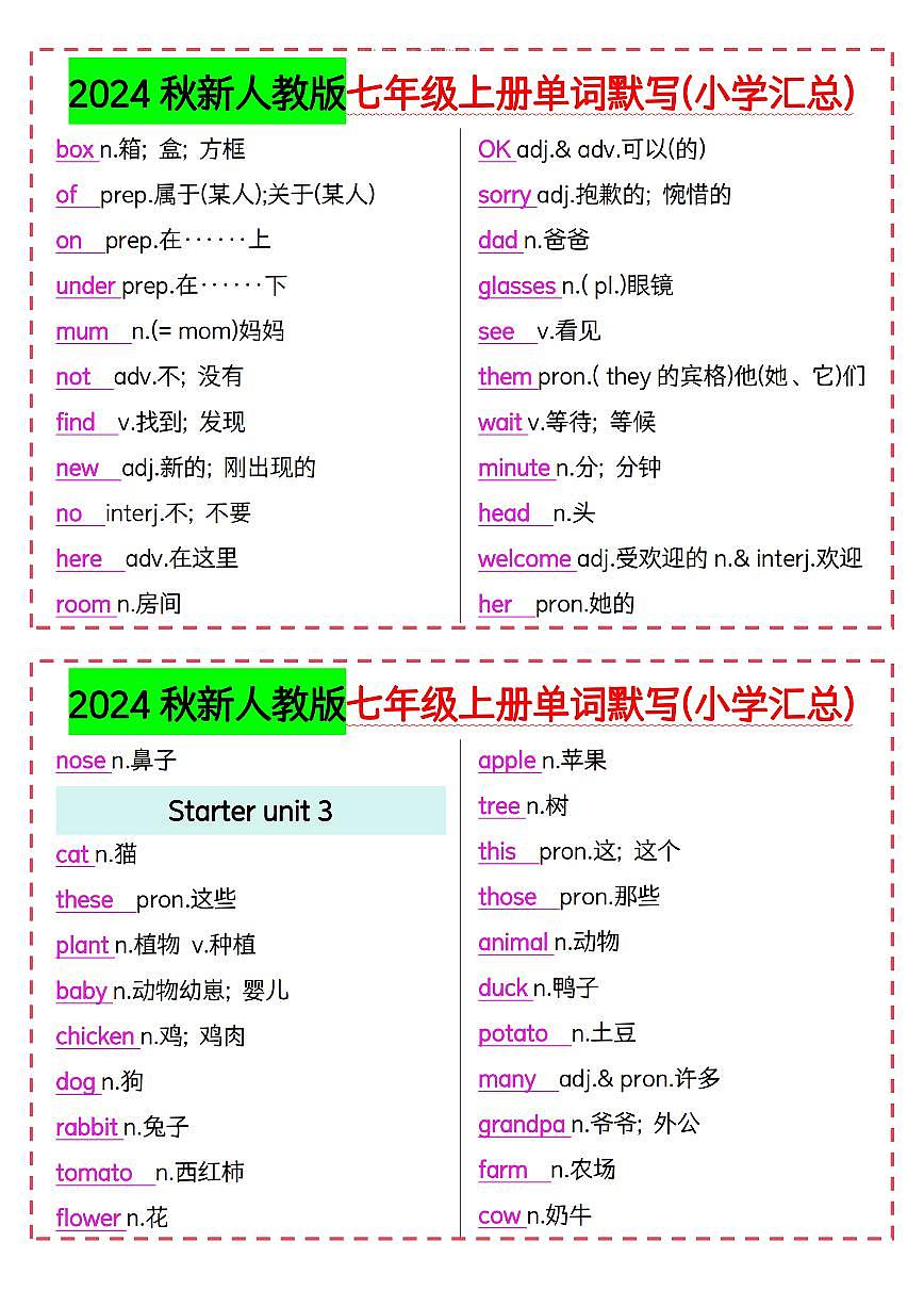 2024秋新人教版七年级上册单词默写(小学汇总)练习（PDF版）第3页