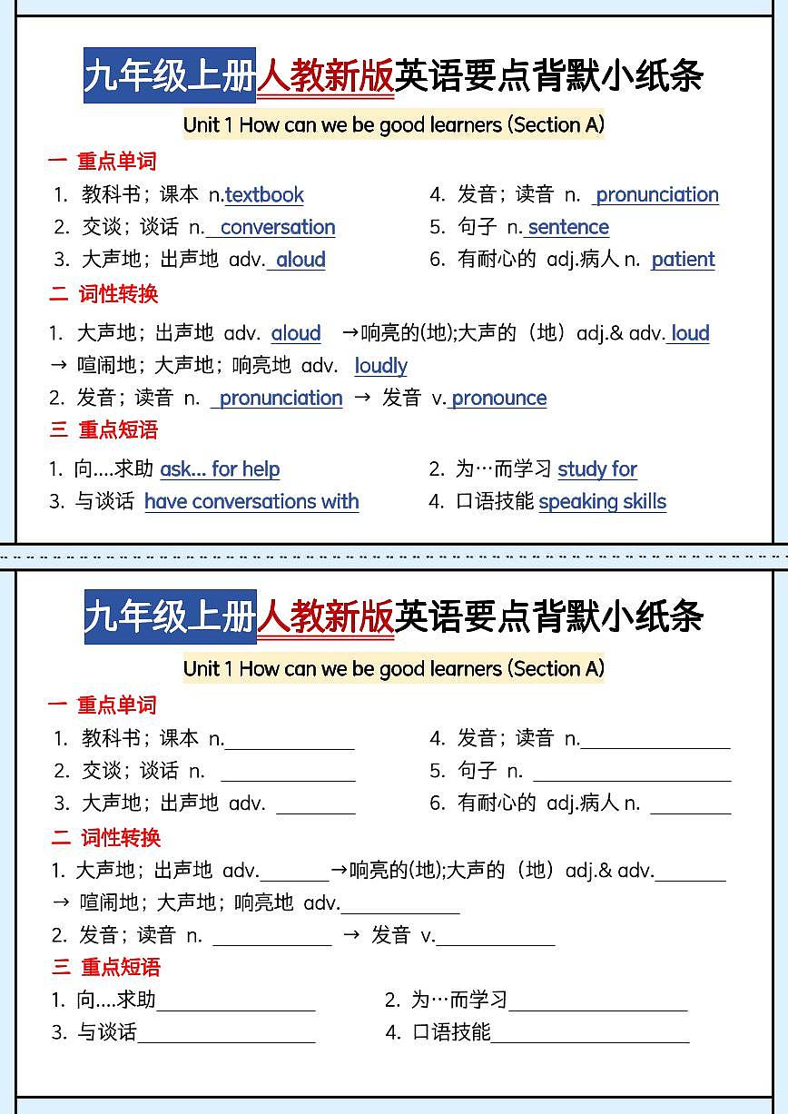 人教版九年级英语期末知识点要点背默小纸条含答案第1页