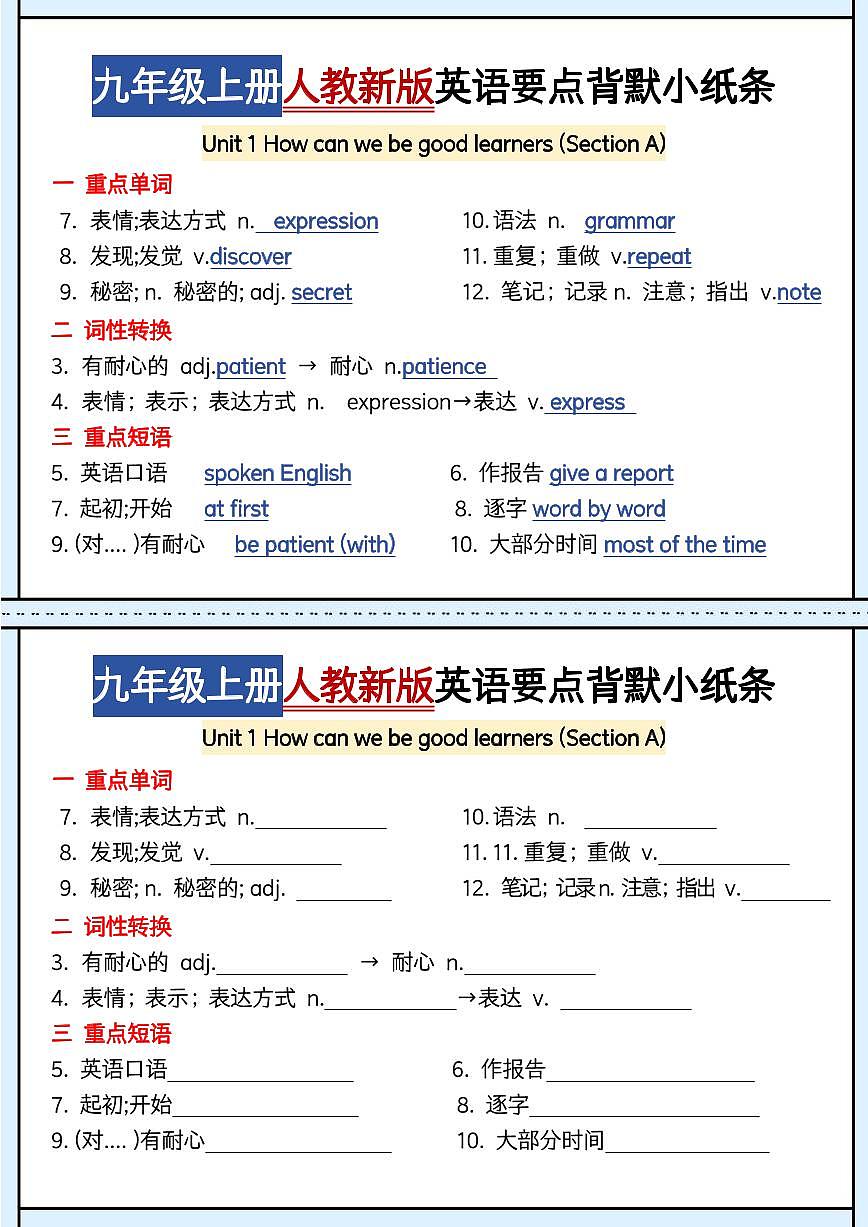 人教版九年级英语期末知识点要点背默小纸条含答案第2页