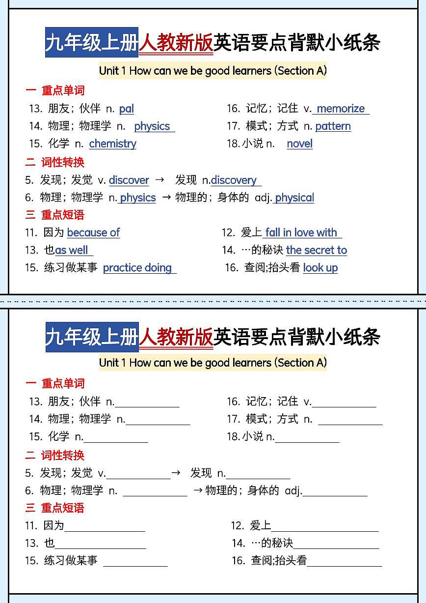 人教版九年级英语期末知识点要点背默小纸条含答案第3页