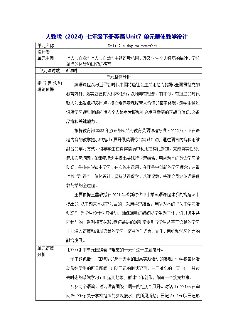 人教版（2024）七年级下册英语Unit7 单元整体教学设计 学案第1页