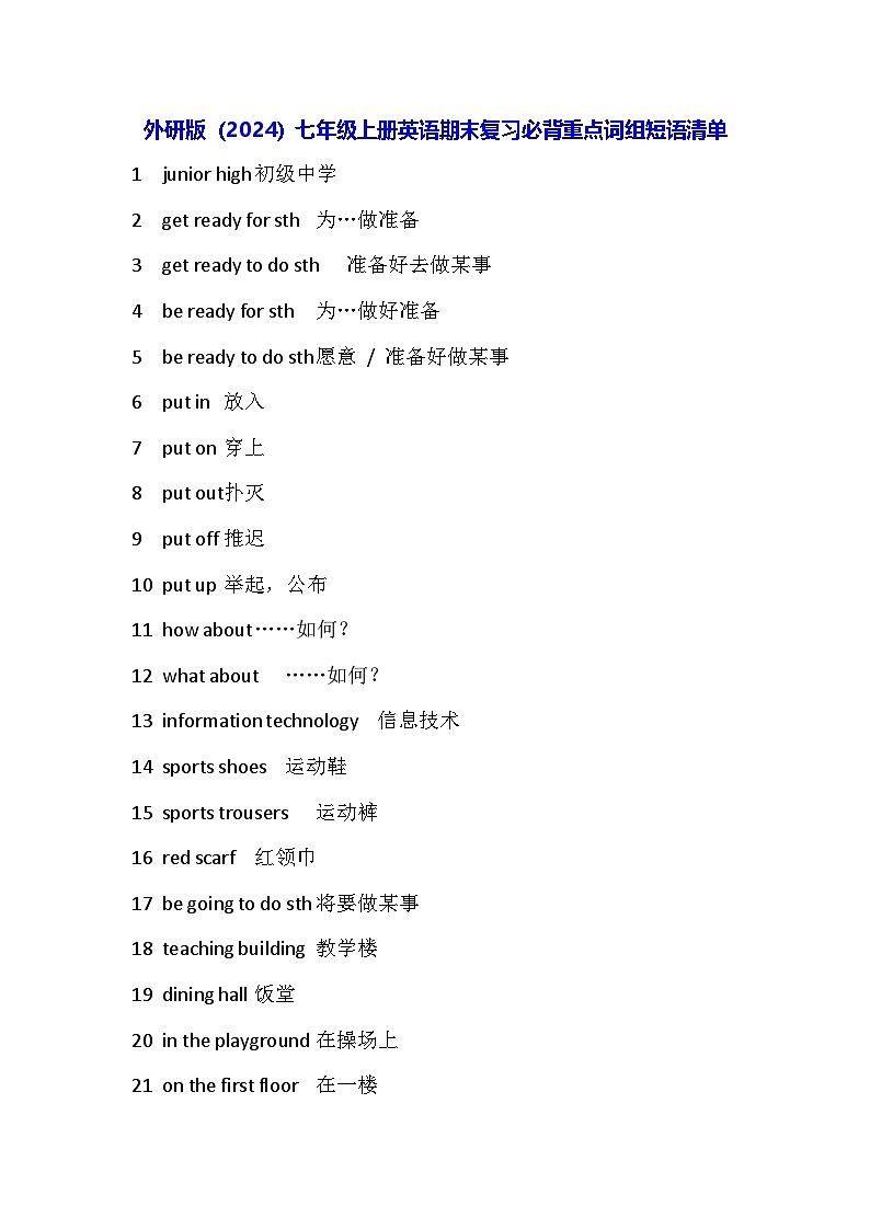 外研版（2024）七年级上册英语期末复习必背重点词组短语清单 学案第1页