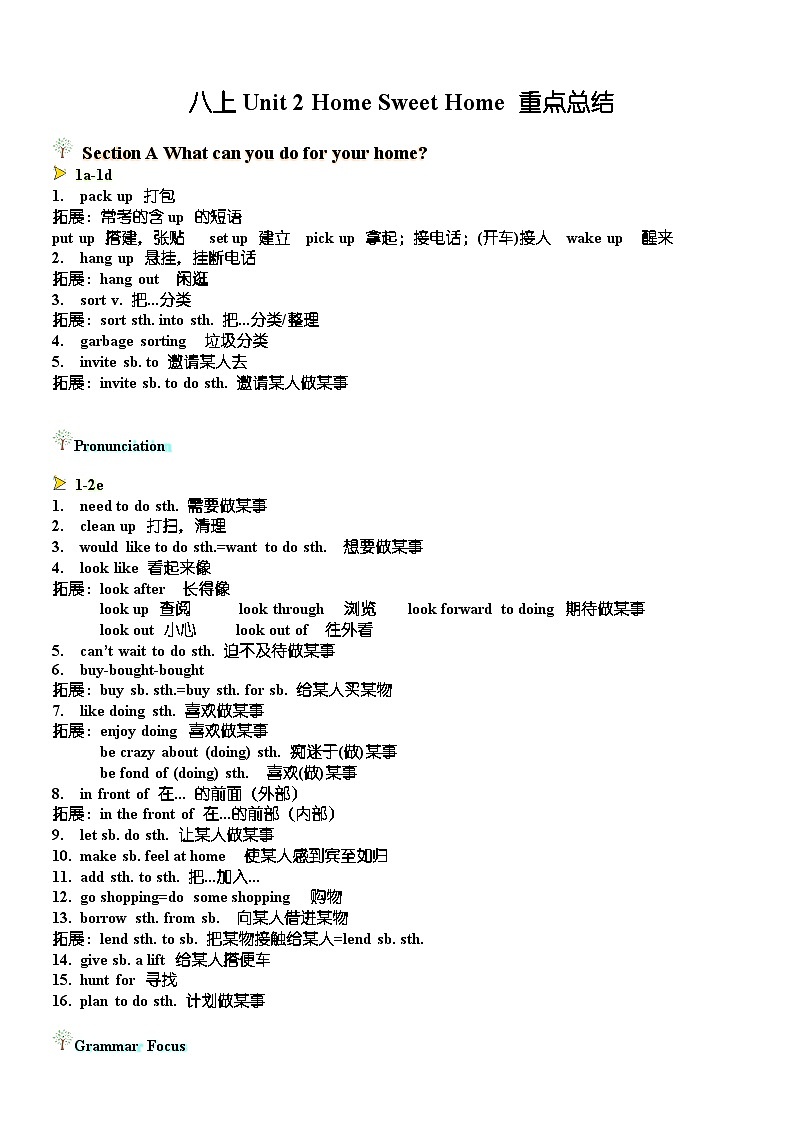 24人教版英语八年级上册Unit 2重点总结 学案第1页