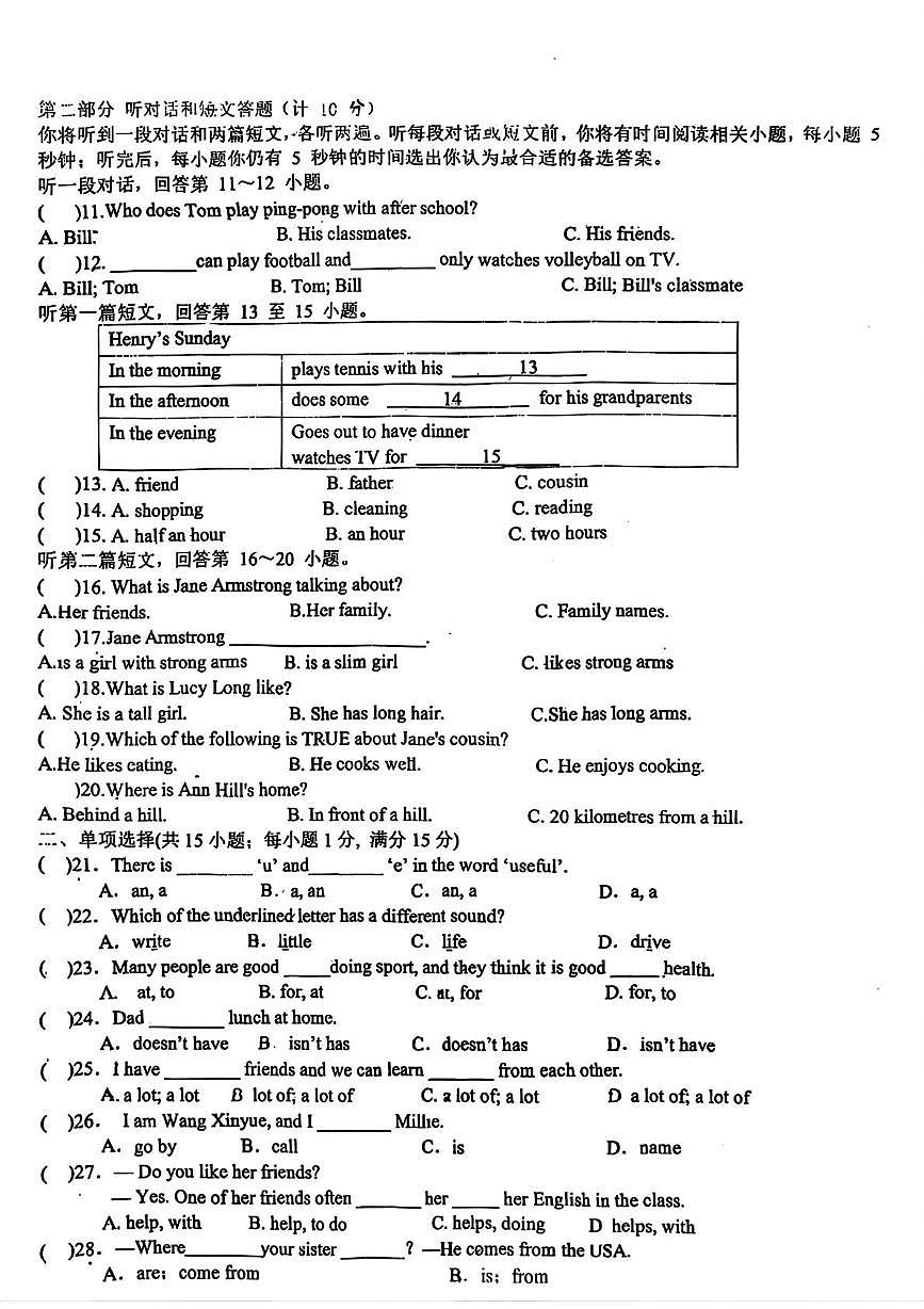 江苏省宿迁市沭阳县如东实验学校2025-2026学年七年级上学期月考（1）英语试卷第2页