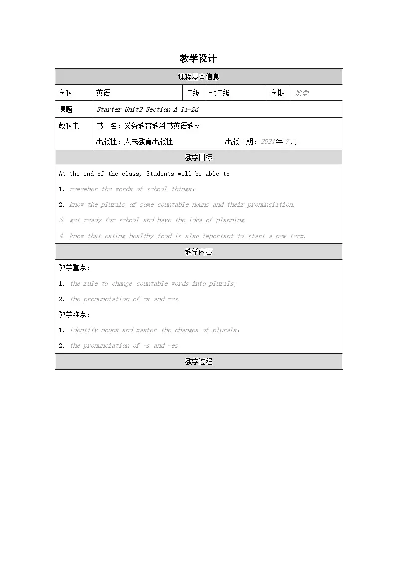 人教版2024英语 七年级上册Starter Unit 2 Section A(1a-2d)教案第1页