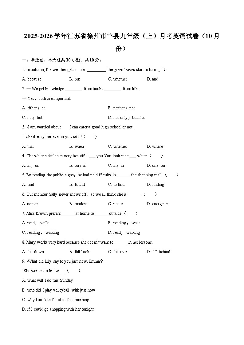 2025-2026学年江苏省徐州市丰县九年级（上）月考英语试卷（10月份）-自定义类型第1页