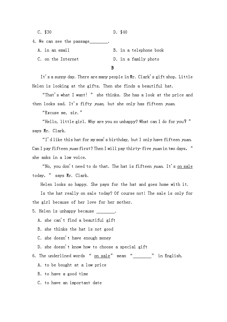 新人教版英语七上Unit 7 Happy Birthday 学情评估卷1含答案第2页