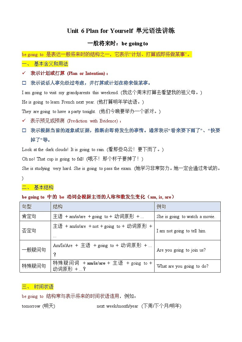 Unit 6 Plan for Youself be going to 单元语法讲练（含答案解析）—新人教八年级英语上册第1页