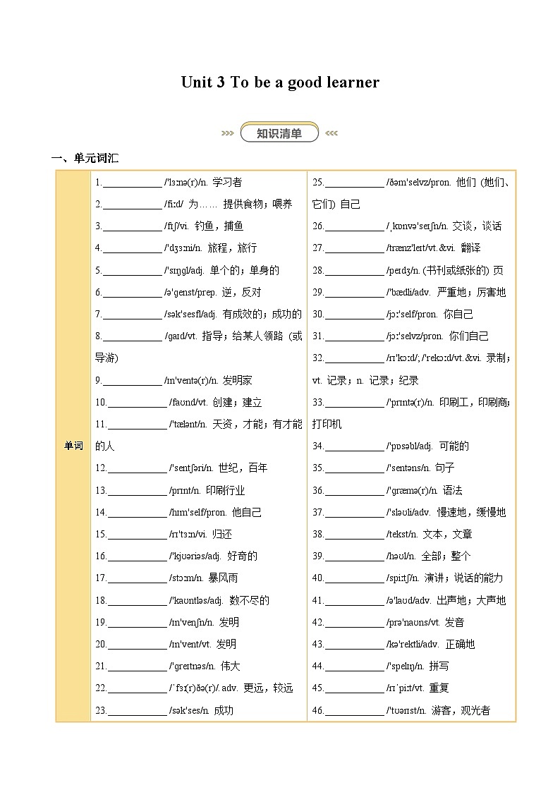 初中英语新译林版八上Unit3 To be a good learner知识清单（挖空版，无答案）第1页