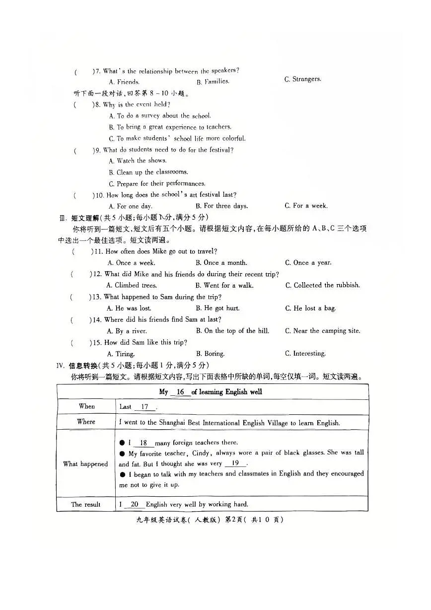 安徽省蚌埠市2025-2026学年九年级G5联2025-2026学年九年级上学期10月月考英语试题第2页