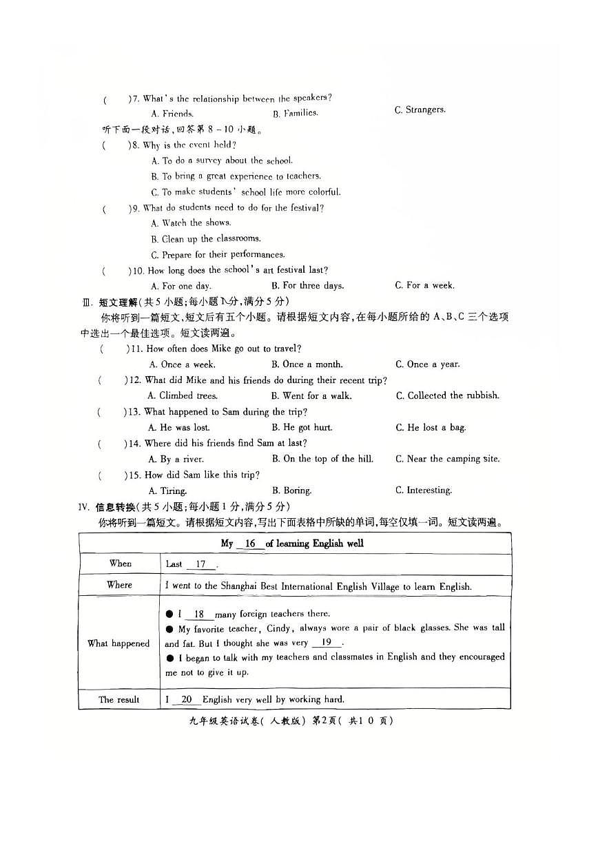 安徽省蚌埠市2025-2026学年九年级G5联2025-2026学年九年级上学期10月月考英语试题第2页