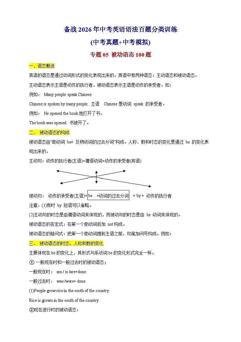 专题05 被动语态100题（中考真题+中考模拟）（原卷版）第1页