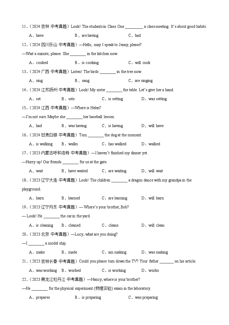 专题28 现在进行时100题（中考真题+中考模拟）（原卷版）第2页