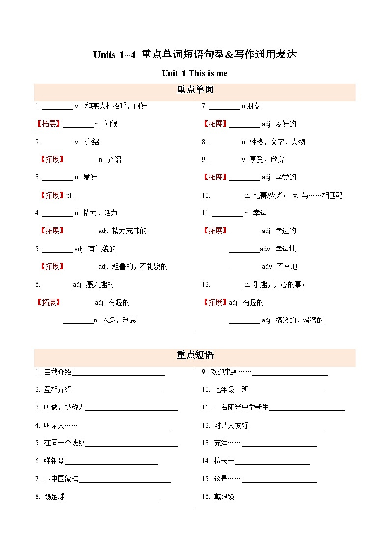Units 1~4 重点单词短语句型&写作通用表达（期中知识清单）（背诵版）第1页