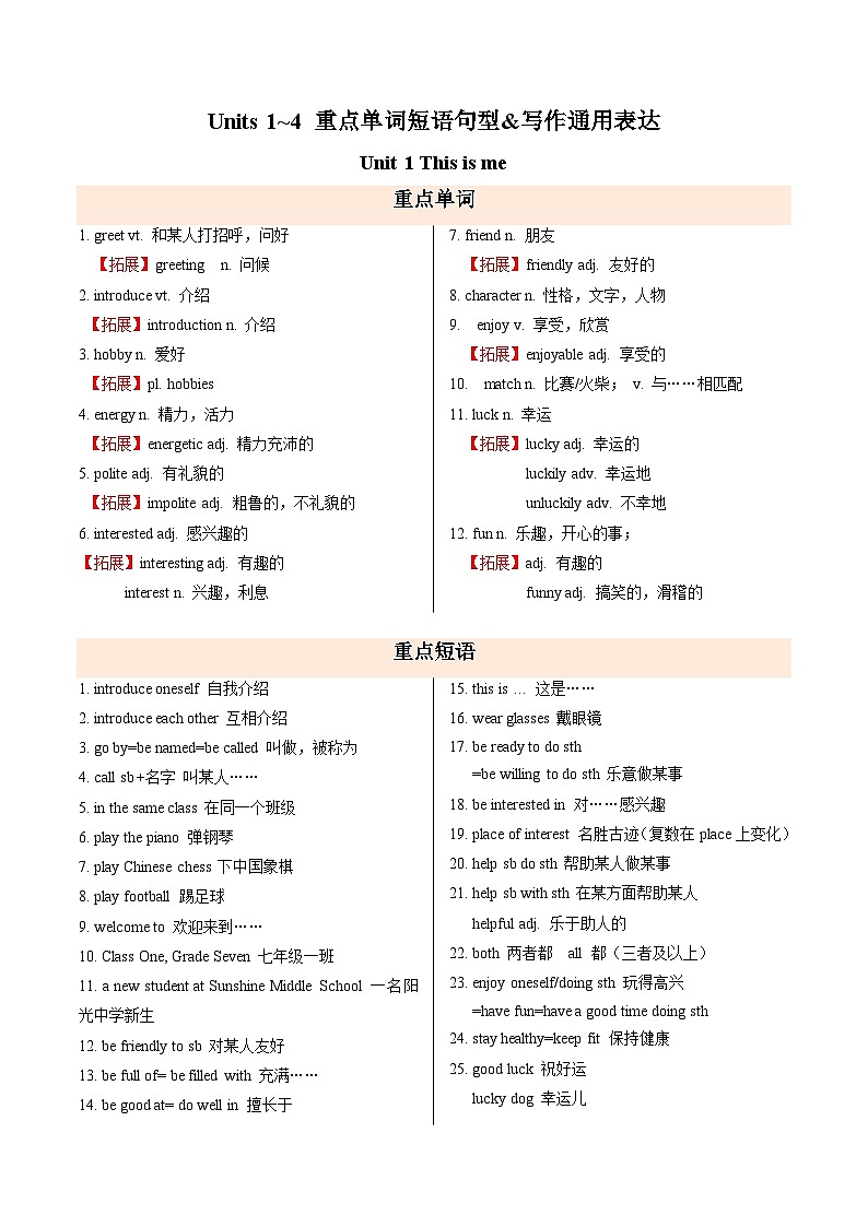 Units 1~4 重点单词短语句型&写作通用表达（期中知识清单）（默写版）第1页