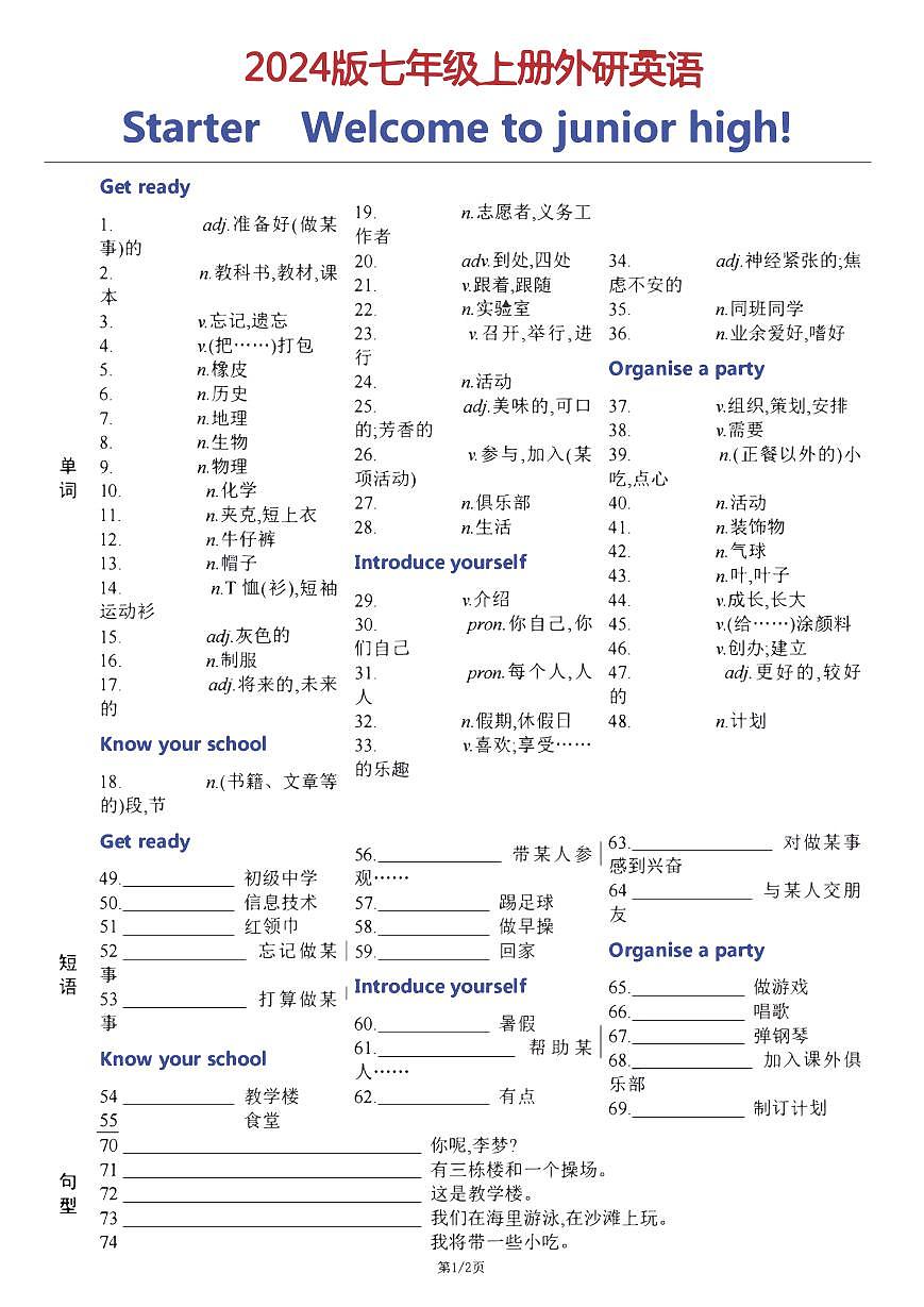 2024版外研版七年级上册英语Starter-Unit期末单词短语句型背默练习含答案第1页