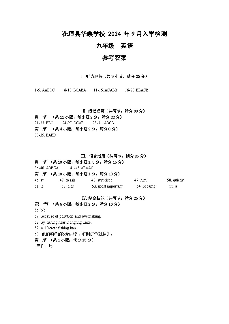 2024年9月九年级入学考英语参考答案第1页
