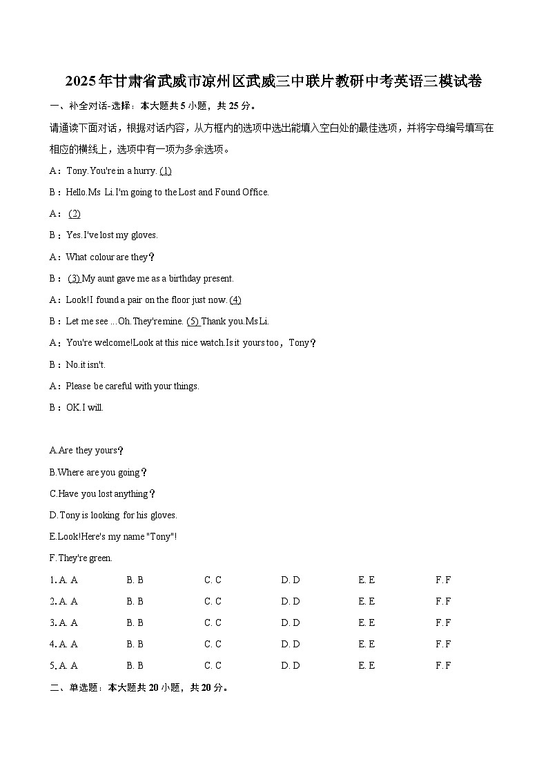 2025年甘肃省武威市凉州区武威三中联片教研中考英语三模试卷-自定义类型第1页