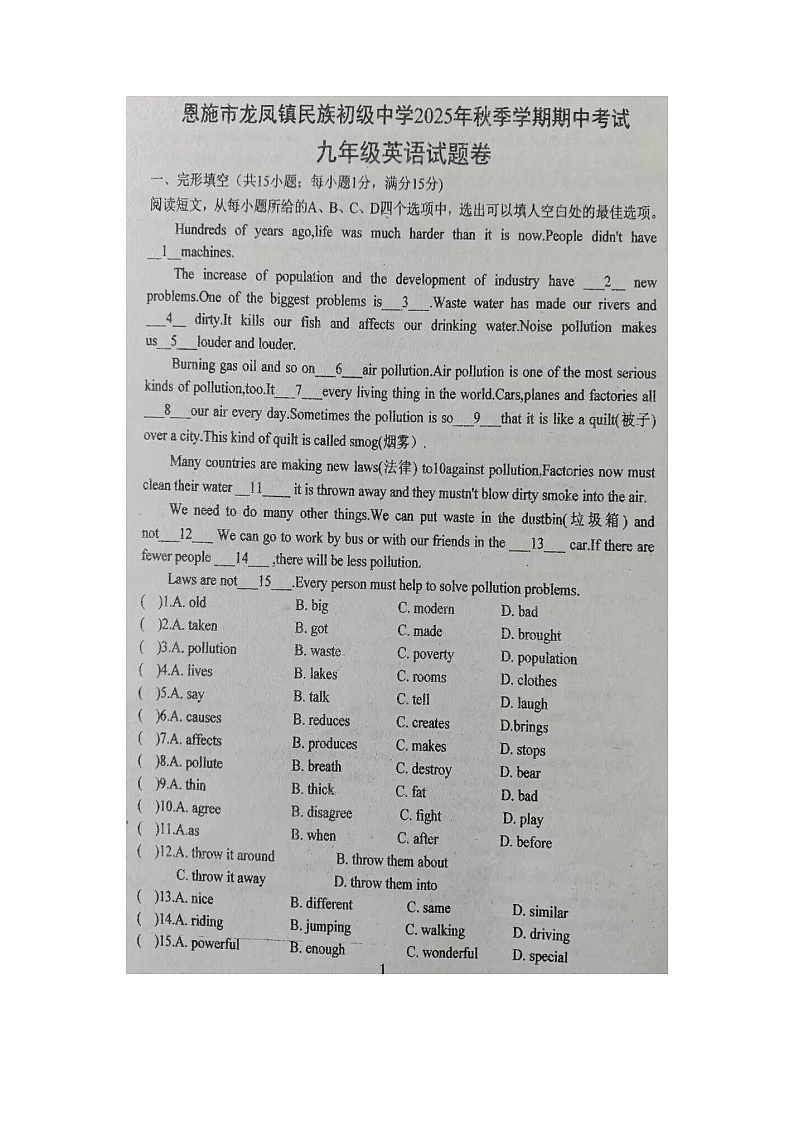 湖北省恩施土家族苗族自治州恩施市龙凤镇民族初级中学2025-2026学年九年级上学期11月期中英语试题第1页