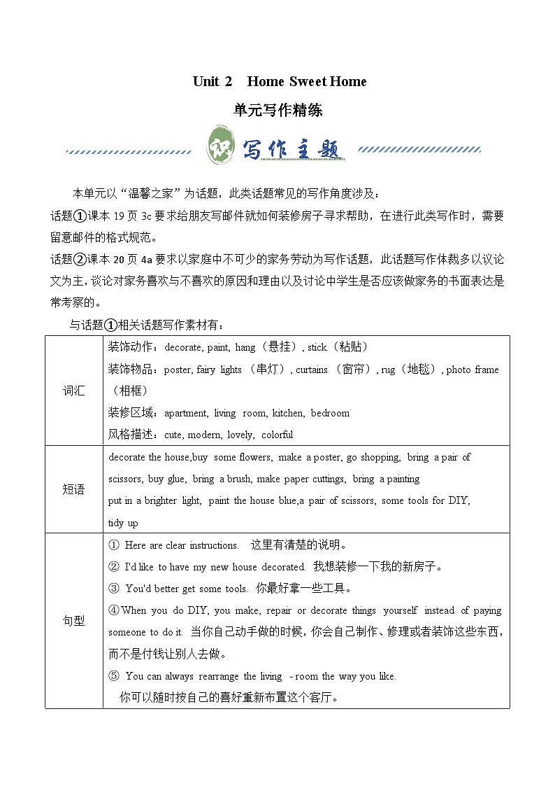 Unit 2 Home Sweet Home 温馨之家（单元写作精练） (解析版）第1页