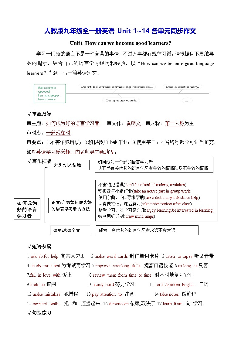 人教版九年级全一册英语Unit 1~14各单元同步作文（含答案+范文） 学案第1页