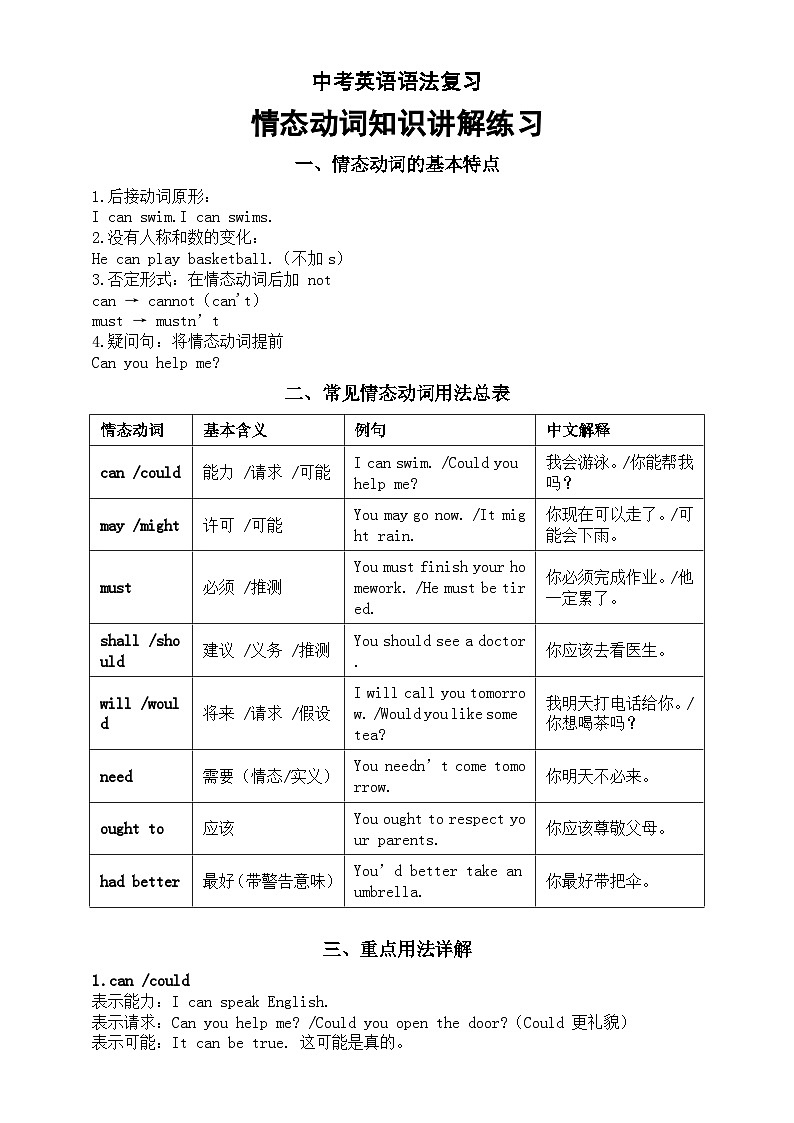 初中英语2026届中考语法复习情态动词知识讲解练习第1页
