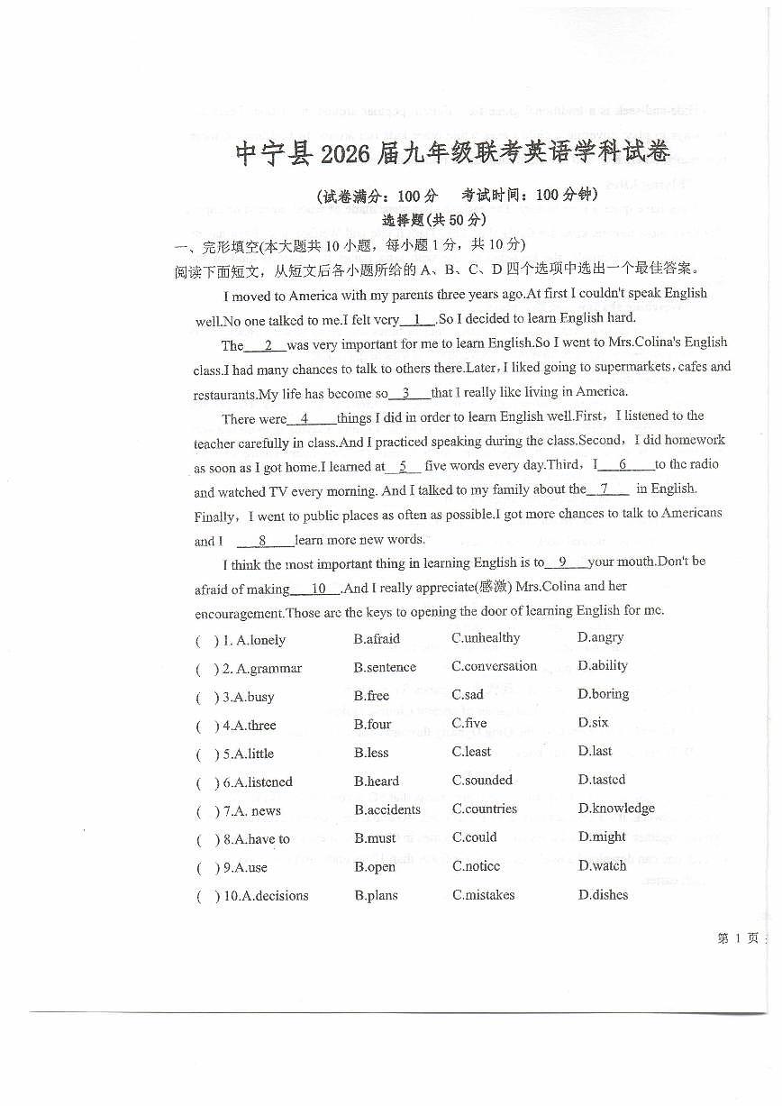 宁夏回族自治区中卫市中宁县2025-2026学年九年级上学期11月期中英语试题第1页