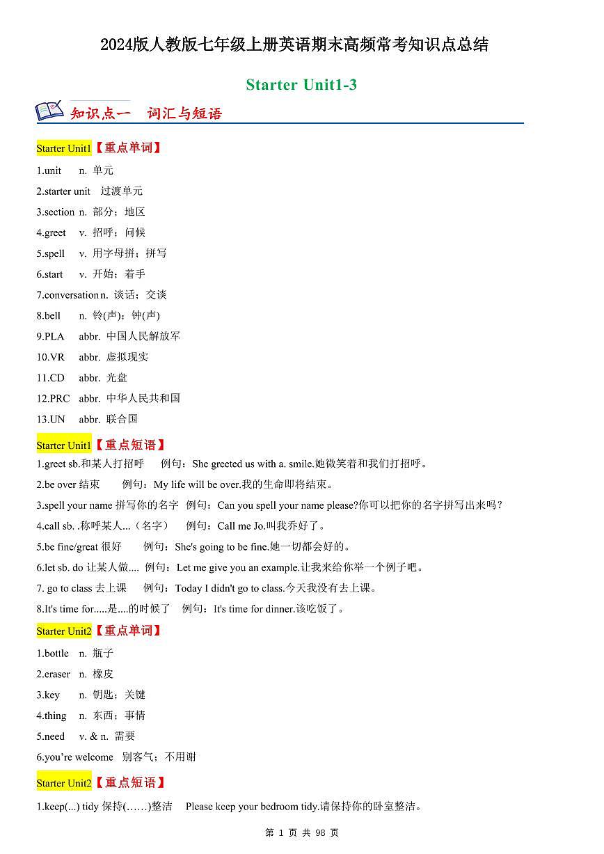 2024版人教版七年级上册英语期末高频常考核心知识点归纳总结第1页