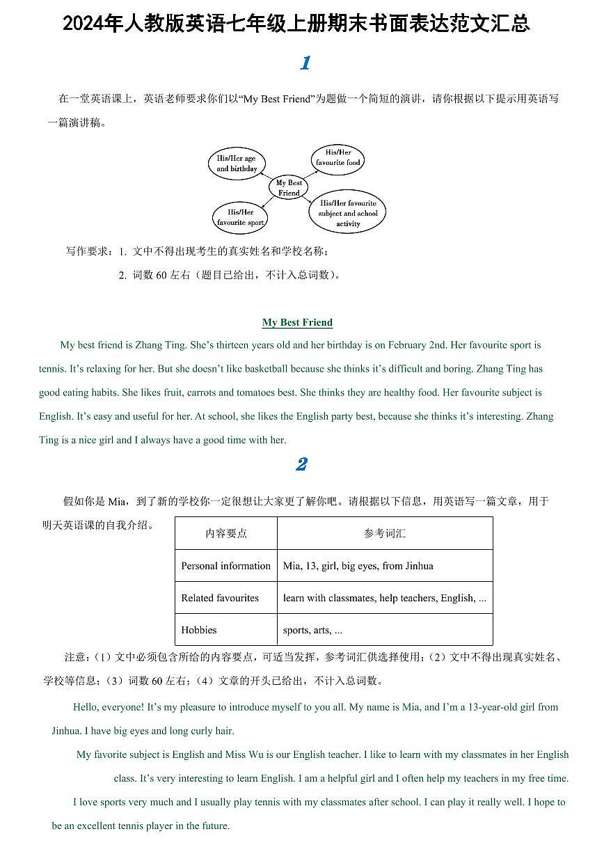 2024年人教版英语七年级上册期末书面表达范文汇总练习第1页