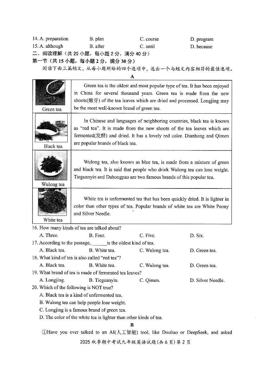 湖北省黄石市阳新县2025-2026学年九年级上学期期中考试英语试卷第2页