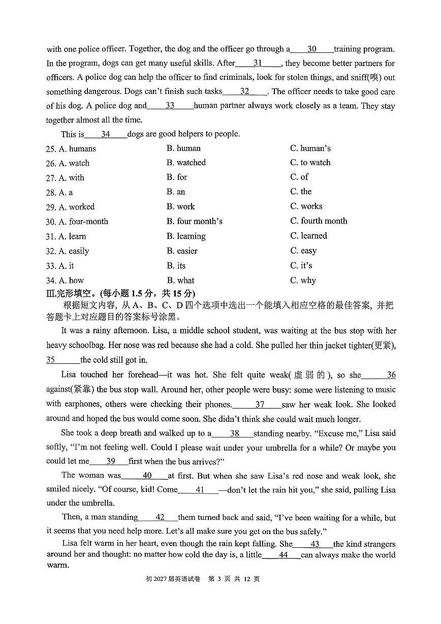 重庆市九龙坡区重庆市育才中学校2025-2026学年八年级上学期11月期中英语试题第3页