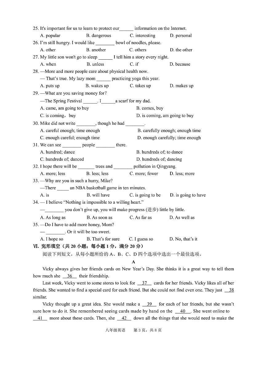 安徽省池州市青阳县2024-2025学年八年级上学期期末考试英语试题第3页