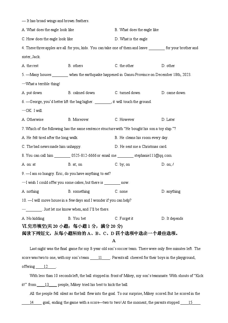 安徽省马鞍山市第七中学八年级上学期期末考试英语试题（原卷版）-A4第3页