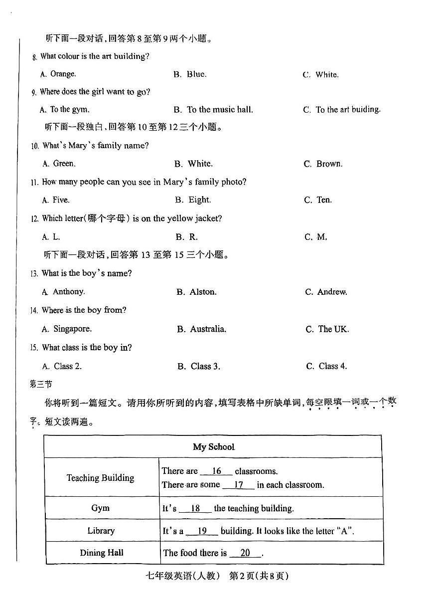 河南省漯河市实验中学2025-2026学年七年级上学期11月份期中英语试卷第2页