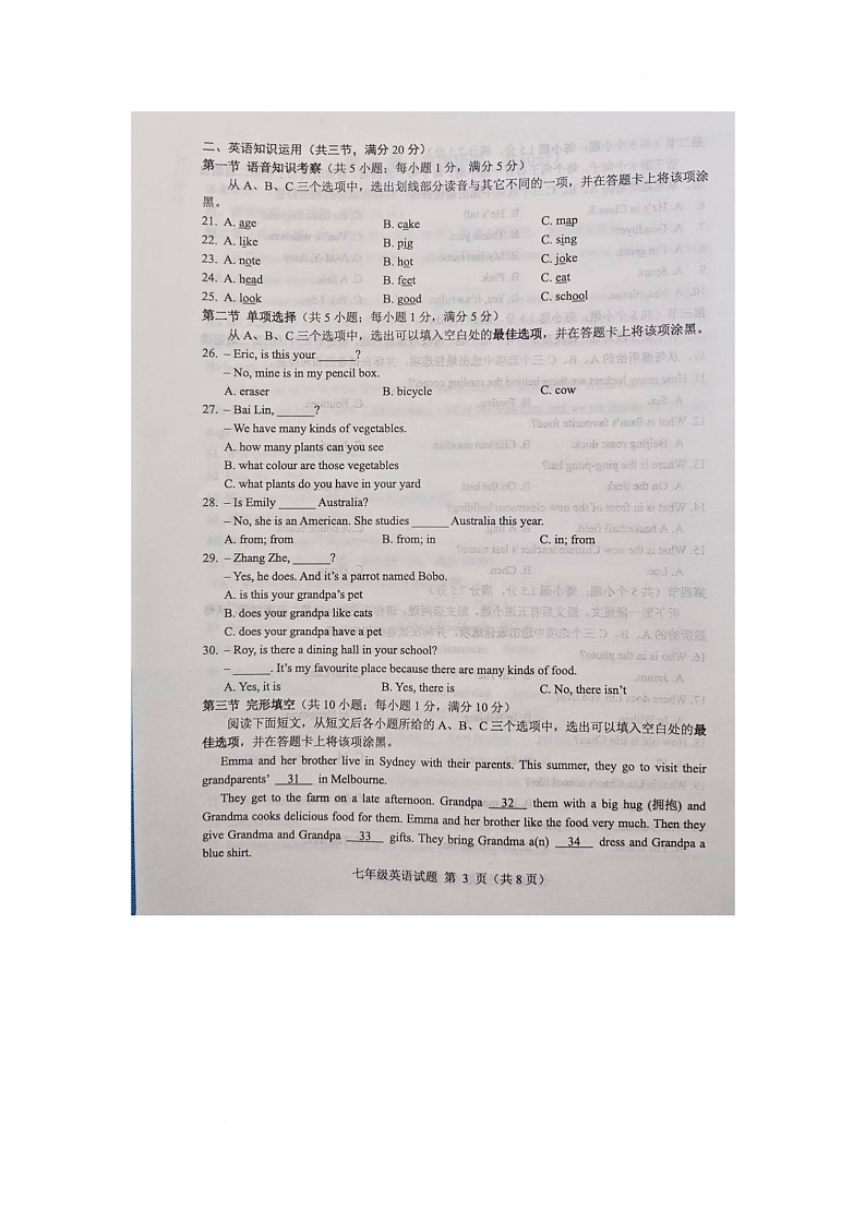 山东省菏泽市成武县2025-2026学年七年级上学期11月期中英语试题第3页
