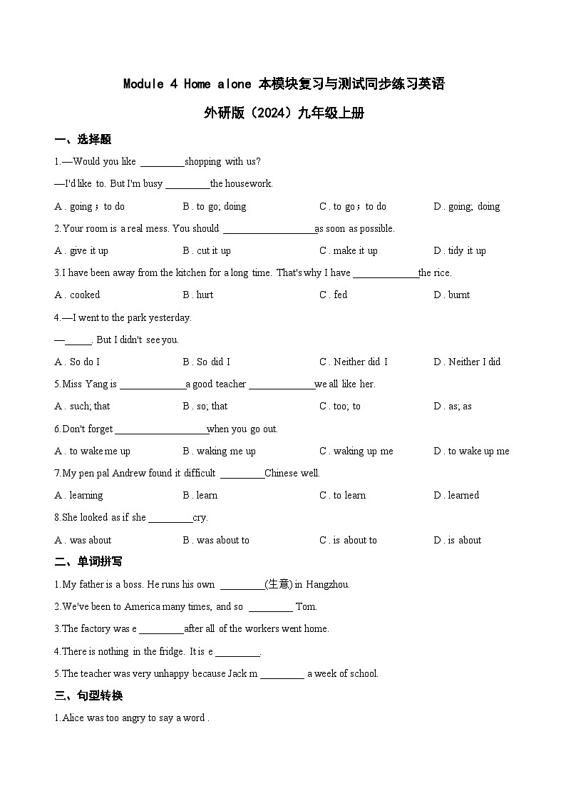 Module 4 Home alone 本模块复习与测试同步练习（含答案）英语外研版初中九年级上册第1页
