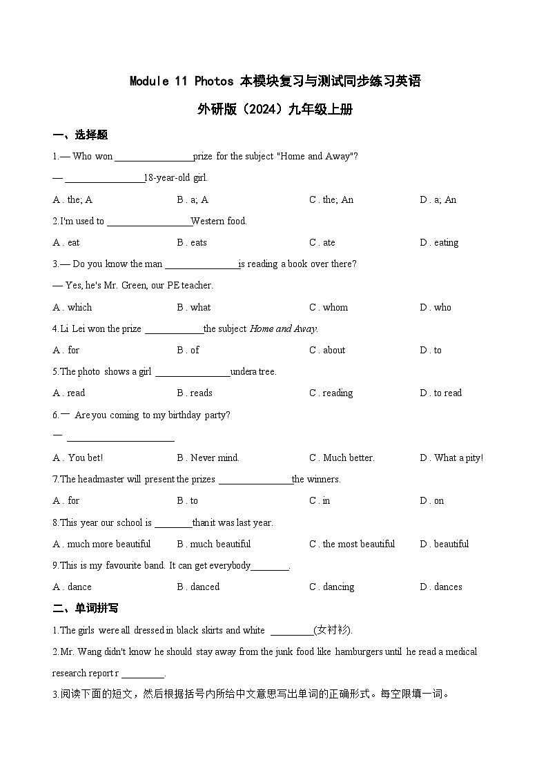 Module 11 Photos 本模块复习与测试同步练习（含答案）英语外研版初中九年级上册第1页
