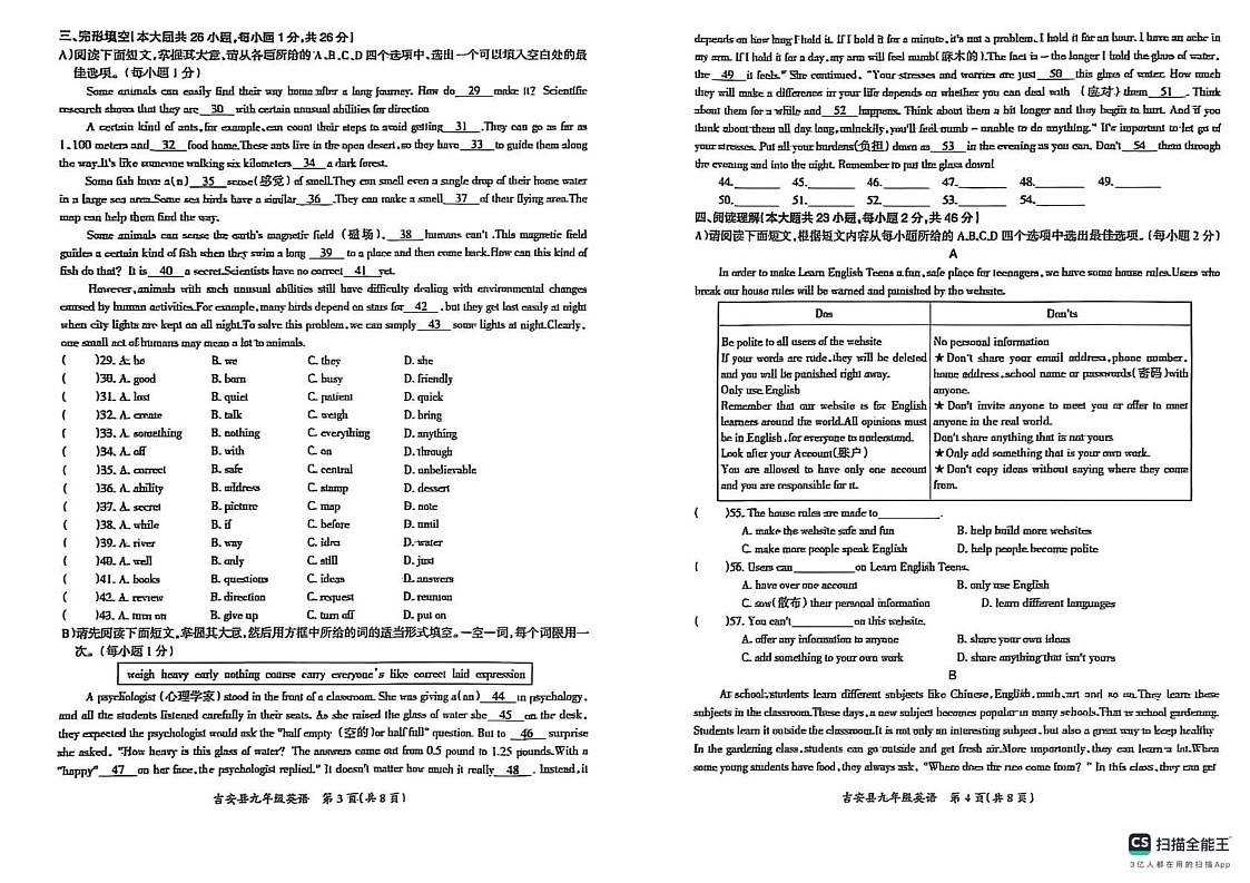 江西省吉安市吉安县2024-2025学年九年级上学期1月期末英语试题第2页