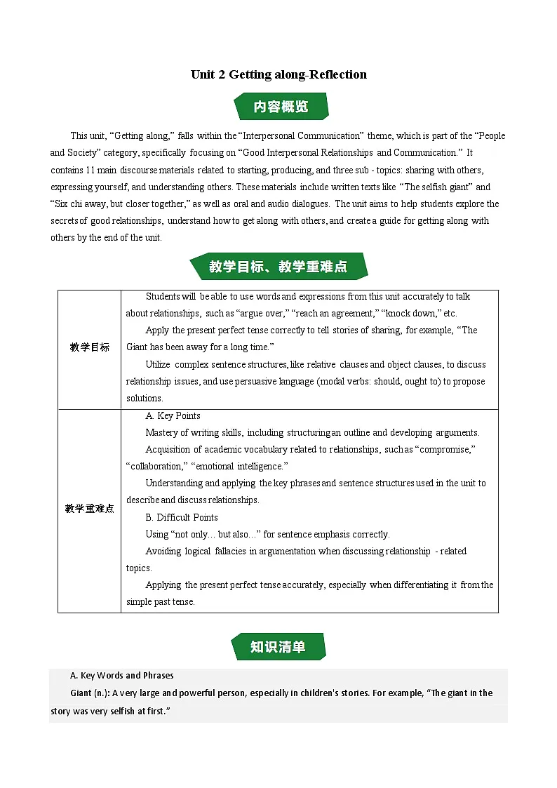 Unit 2 Getting along-Reflection 教学设计 2025-2026学年外研版英语八年级上册第1页