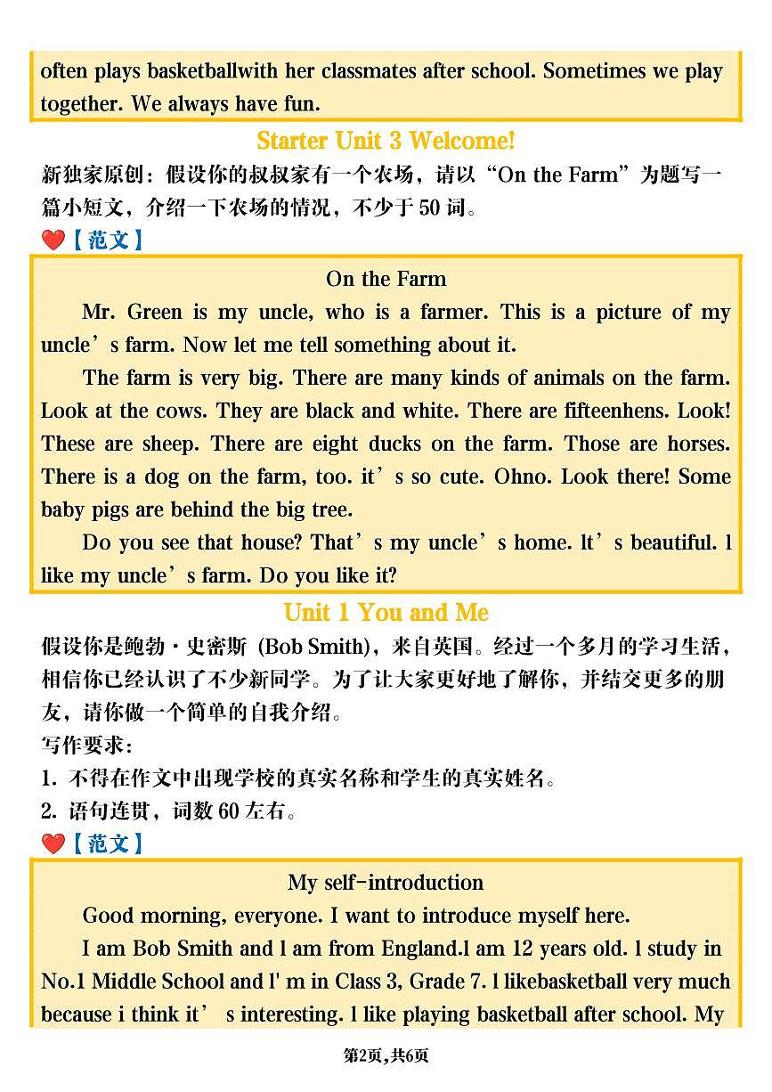 2024版人教版七年级上册英语期末各单元写作范文知识点汇总第2页